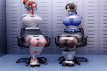 Two Busty Women Taped And Gagged In A Company Vault