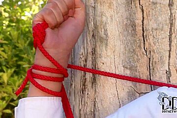 Big Tittied Babe Is Tied Up By Red Ropes