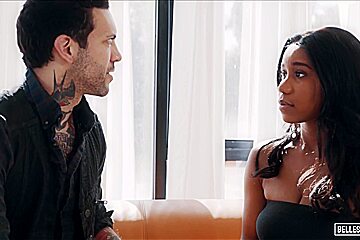 Ebony Brunette Is Fucking A Handsome Tattooed Guy, While Her Boyfriend Is Out Of Town