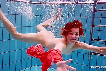 Red Long Dress And Big Tits Floating In The Pool