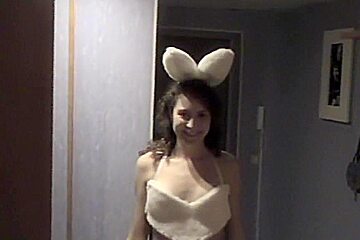 Dark Haired GF In White Bunny Outfit