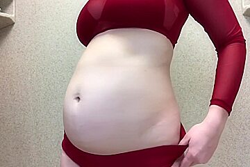 Belly Inflation In Dark Red Bikini