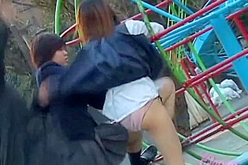 Two Schoolgirls (18)+ In The Park Getting Skirt Sharked By One Guy